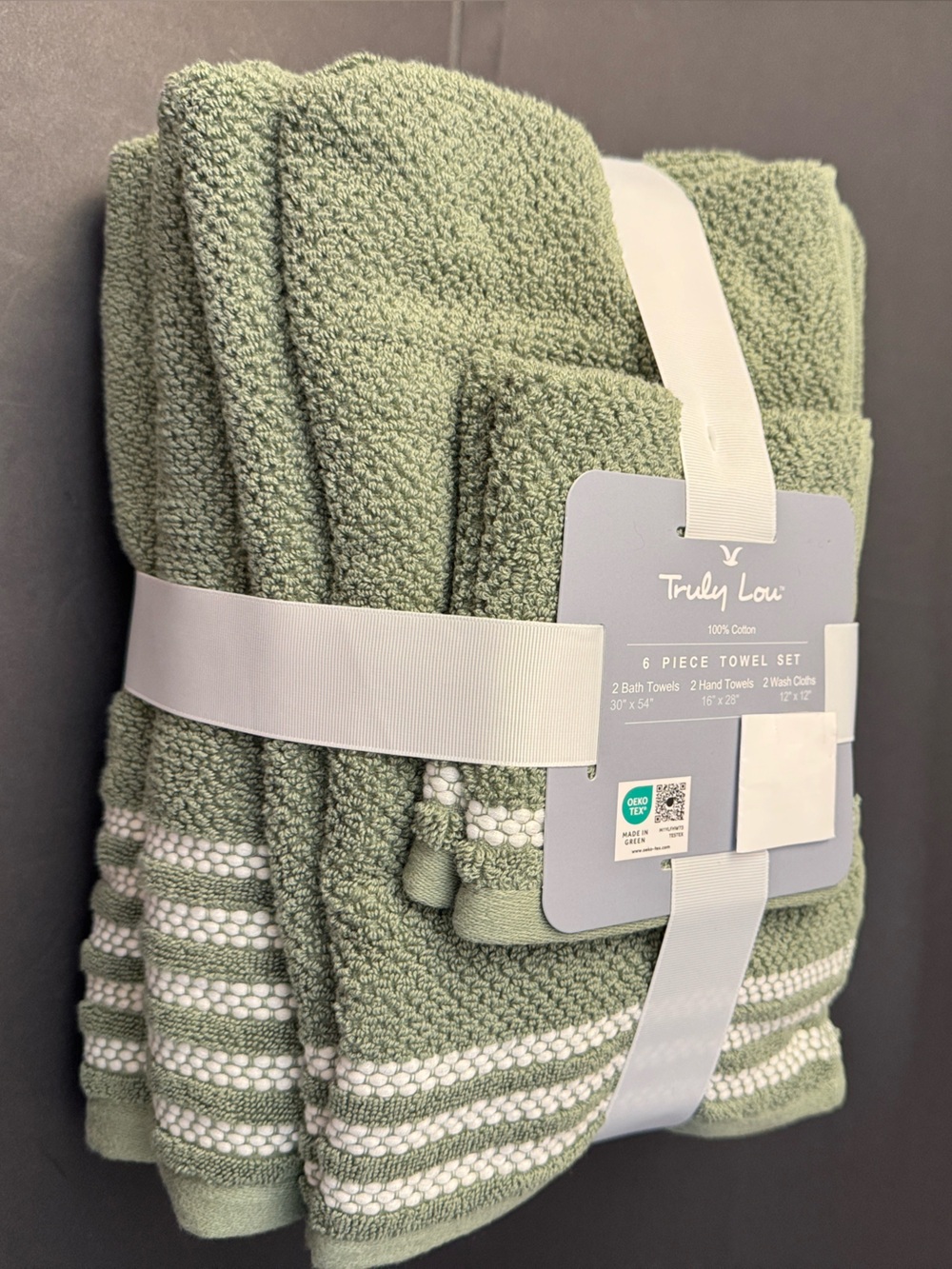 6pc TRULY LOU 100% Cotton Bath Towel Set - OILGRN- Green/White